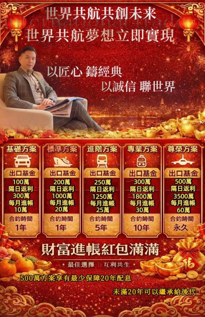 新邑投資五大方案宣傳圖 – 世界共航共創未來，財富進帳紅包滿滿